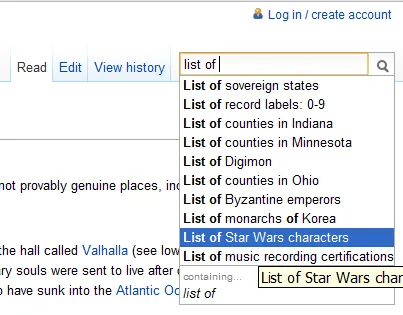 A screenshot of how to find lists on Wikipedia