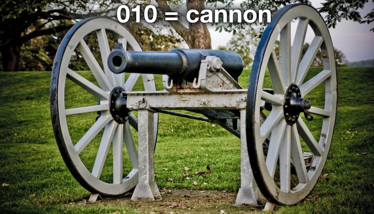 A cannon with two wheels looks like the binary number 010