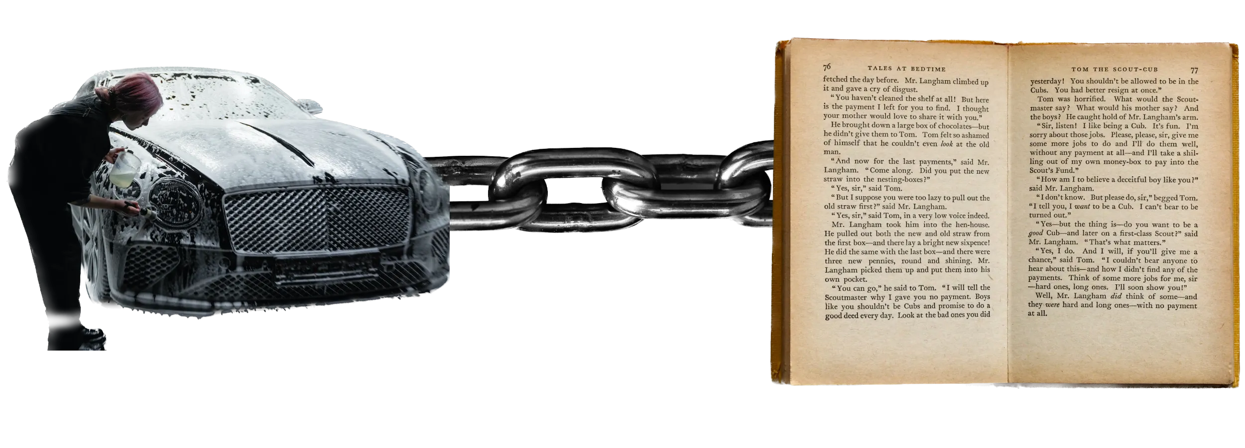 A person washing a car is linked to a book via a chain