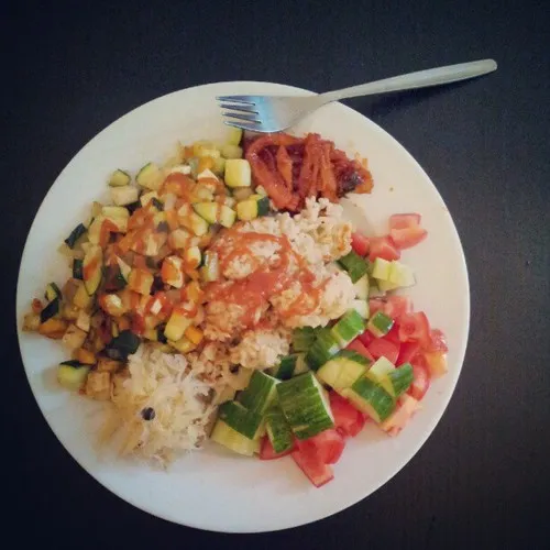 Rice with vegetables, salad, kimchi