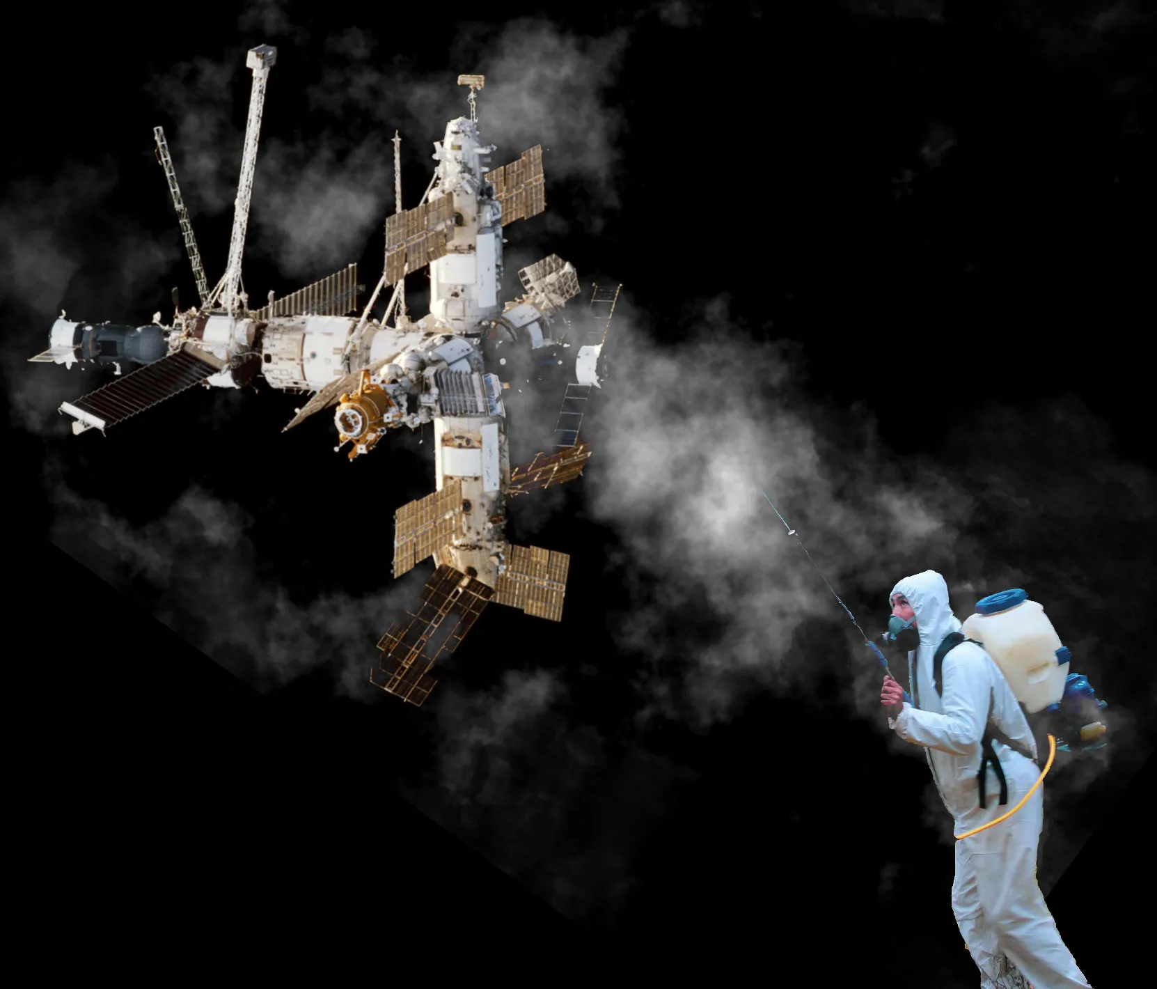 A pest control specialist spraying the space station Mir