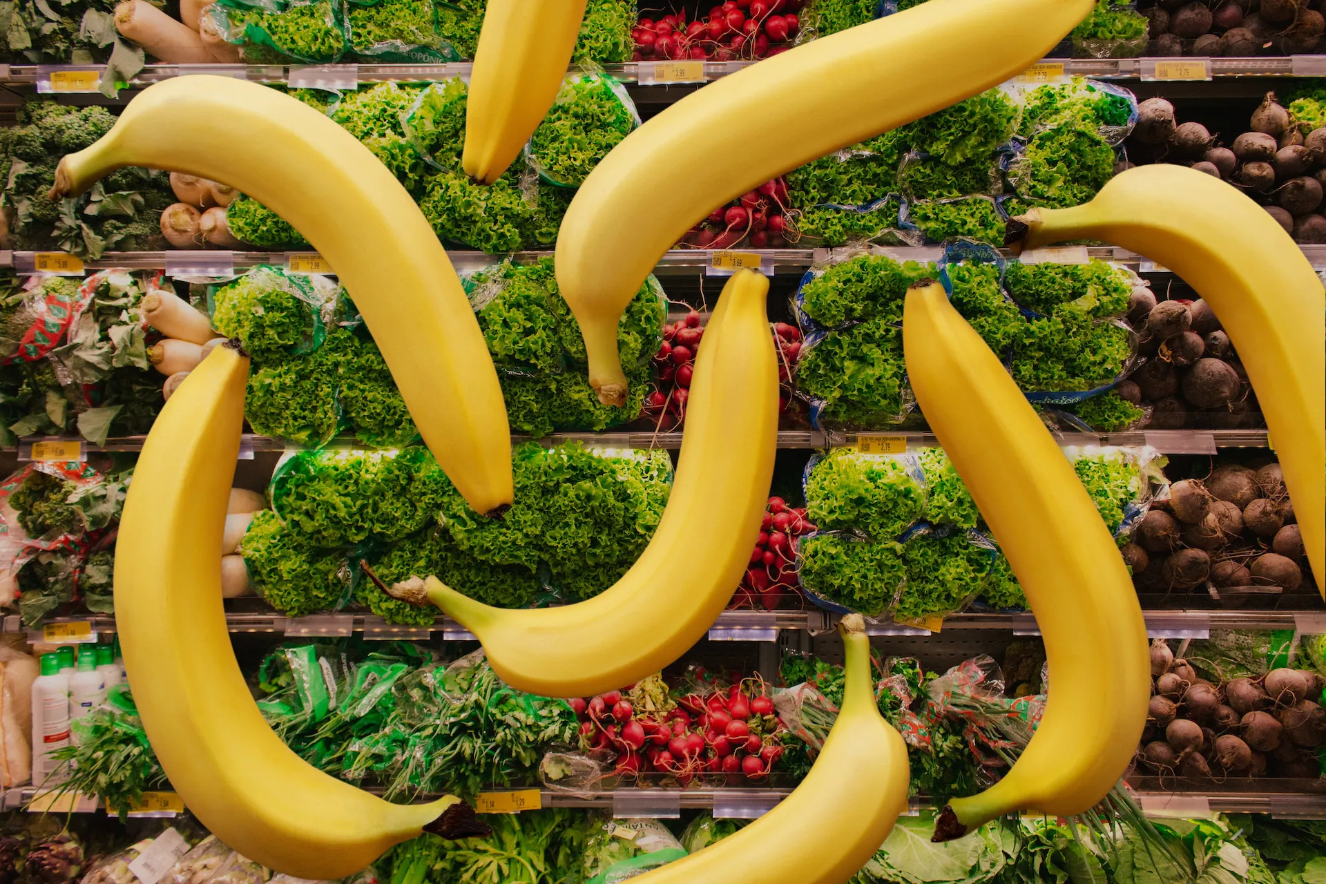 A mnemonic image of raining bananas in a supermarket