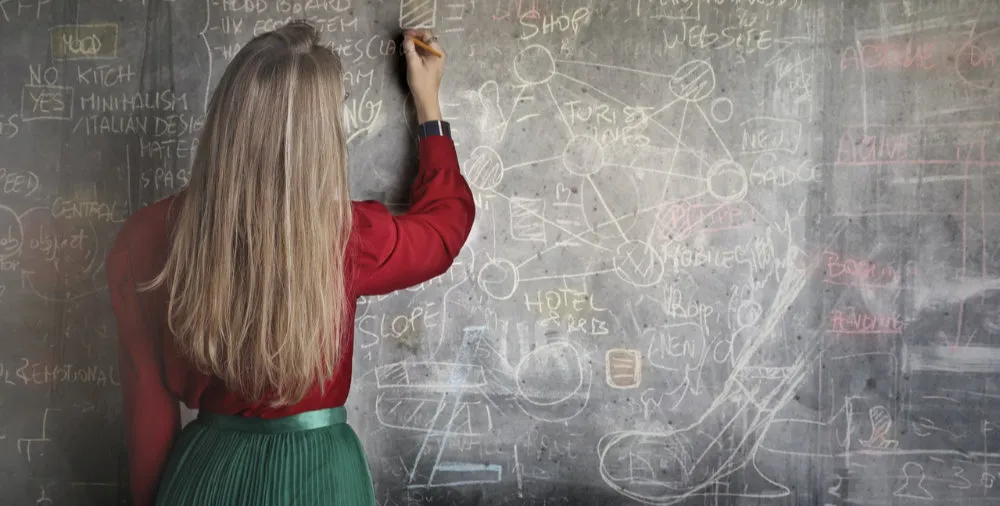 Teacher writing on blackboard